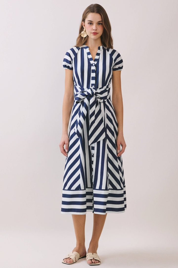 Thea Mixed Striped Button Down Midi Dress- navy