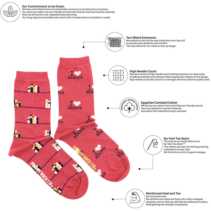 Women's I Love Books Socks: Women’s 5 – 10