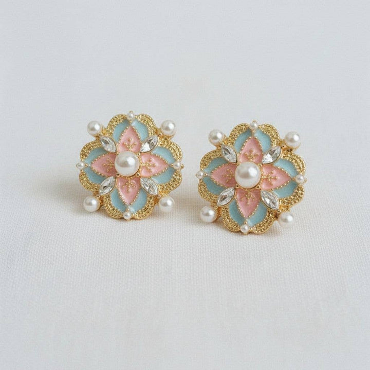 Spring Garden- Vintage Palace Style Enamel Pearl Stud Earrings