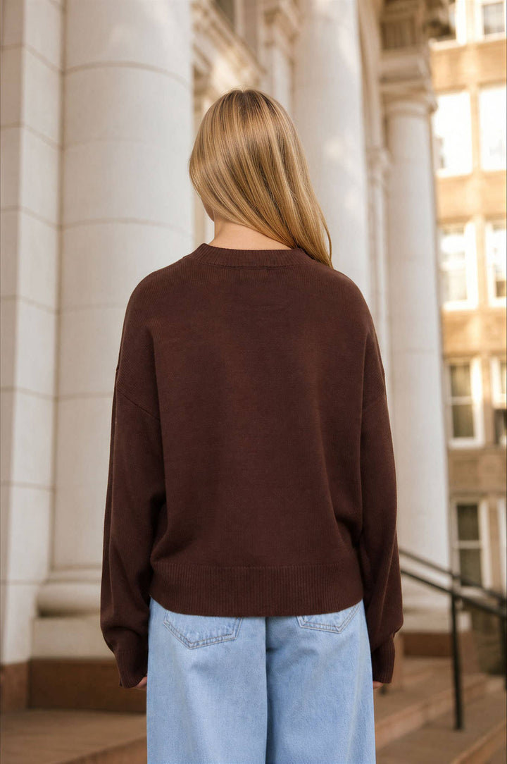 Bridgette Puppy Jacquard Long Sleeve Knit Pullover- Brown