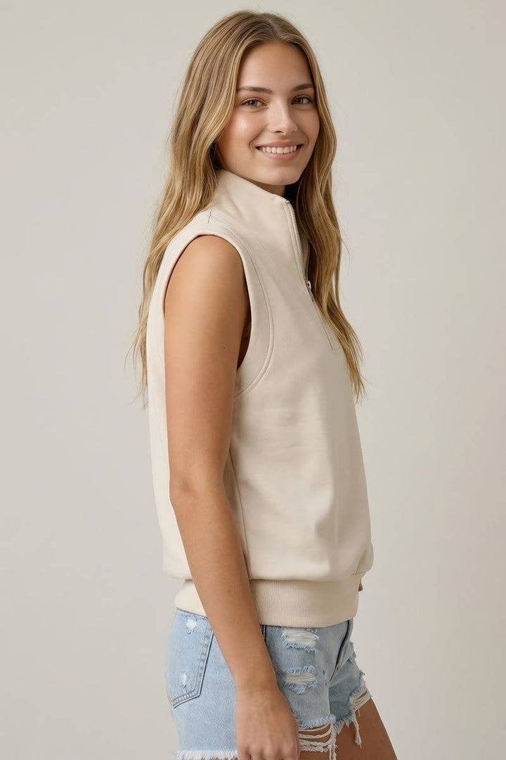 Lucy Half Zipped Sleeveless Top- Ecru