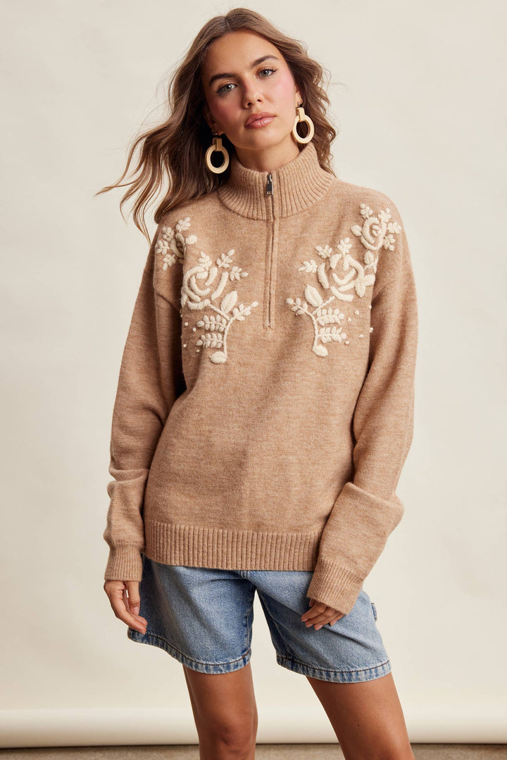 Kristi Floral Embroidered Quarter-Zip Sweater