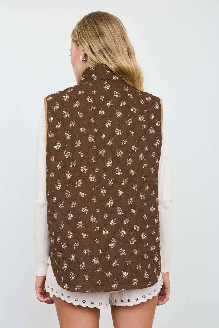 Morgan FLORAL QUILTED ZIP-FRONT MOCK NECK VEST
