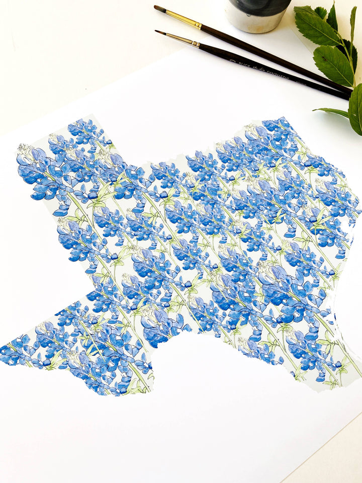 Texas State Flower Map - ART PRINT: Watercolor / 8" x 10"