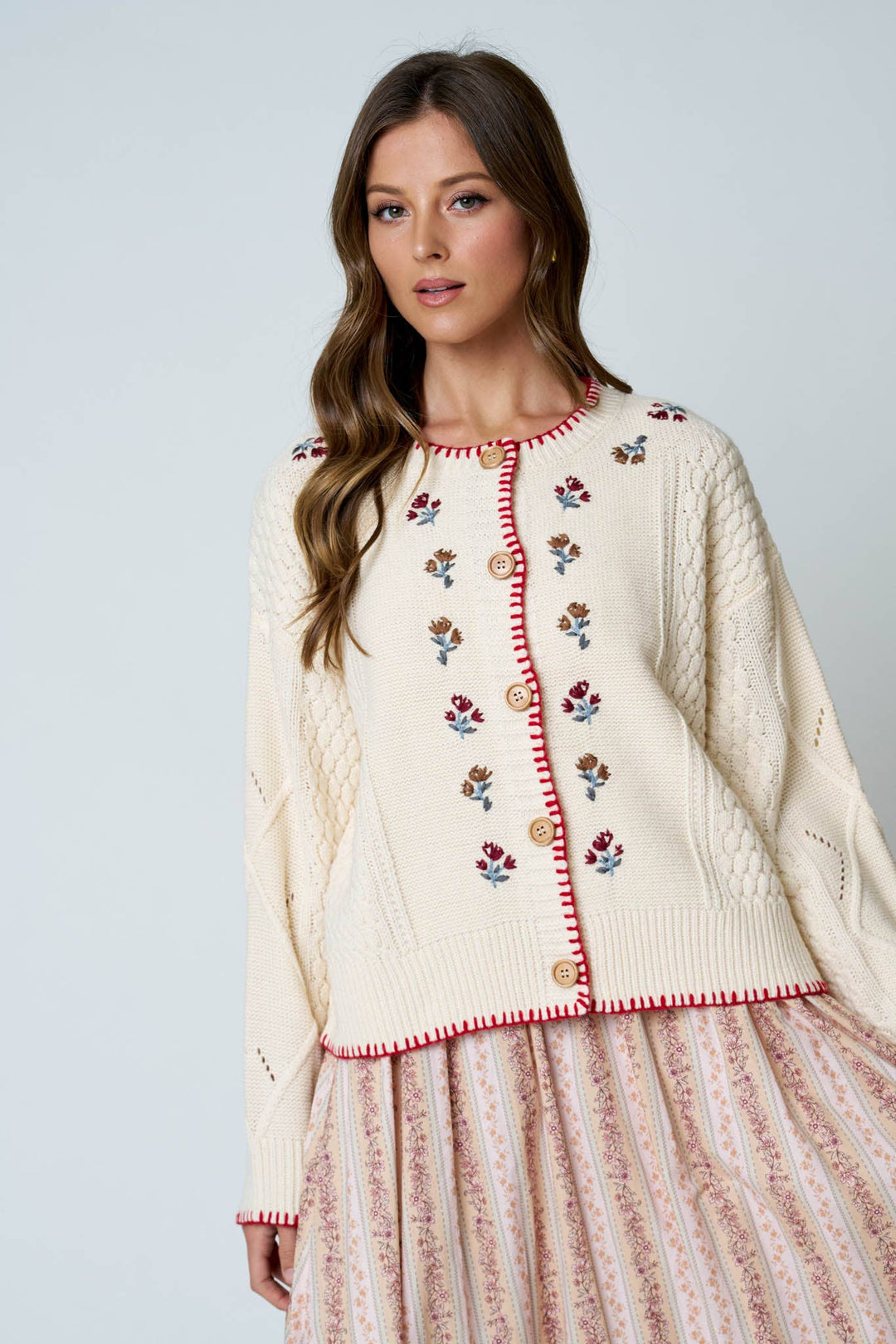 RILEY FLORAL EMBROIDERY CONTRAST STITCH KNIT CARDIGAN