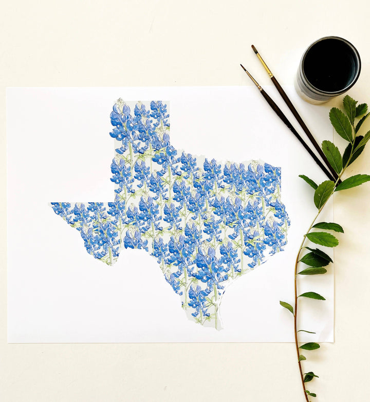 Texas State Flower Map - ART PRINT: Watercolor / 8" x 10"