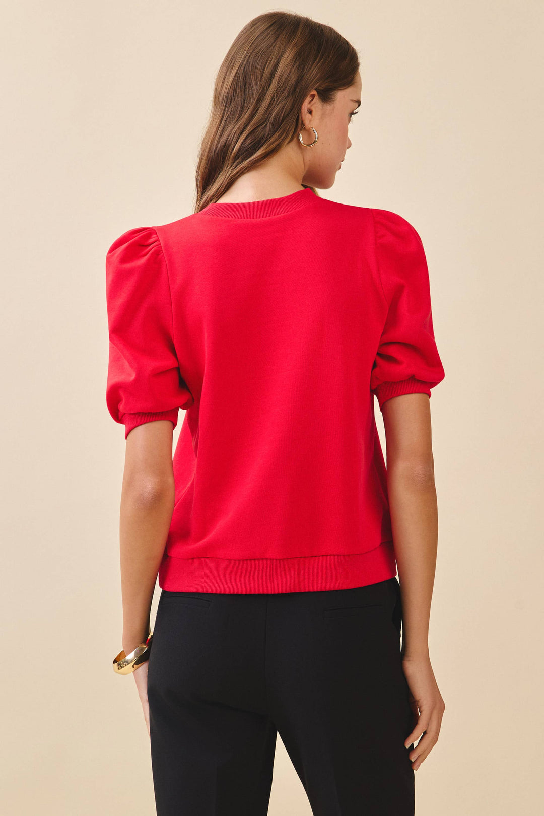 Annelise Crew Neck Short Puff Sleeves Knit Top-  Red