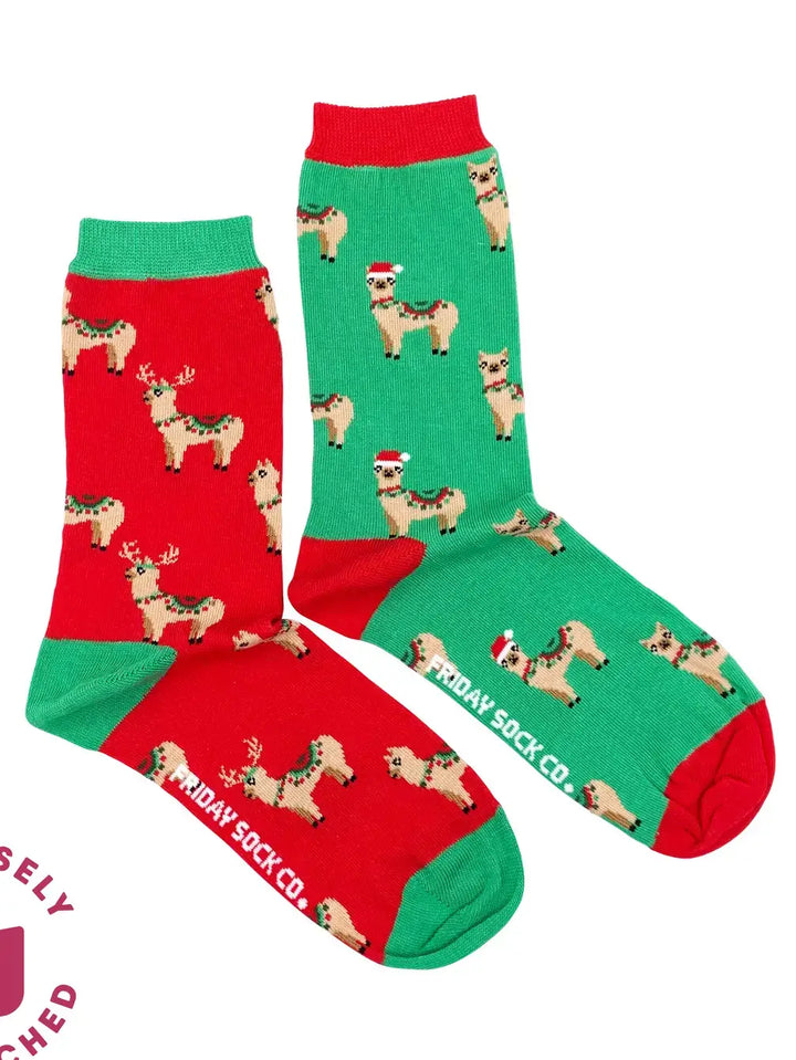 Women's Ugly Christmas  Fa La Llama Mismatched Crew Socks: Women’s 5 – 10