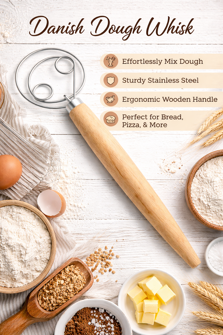 Boxed 13" Danish Dough Whisk.  Stainless Steel &amp; Wood