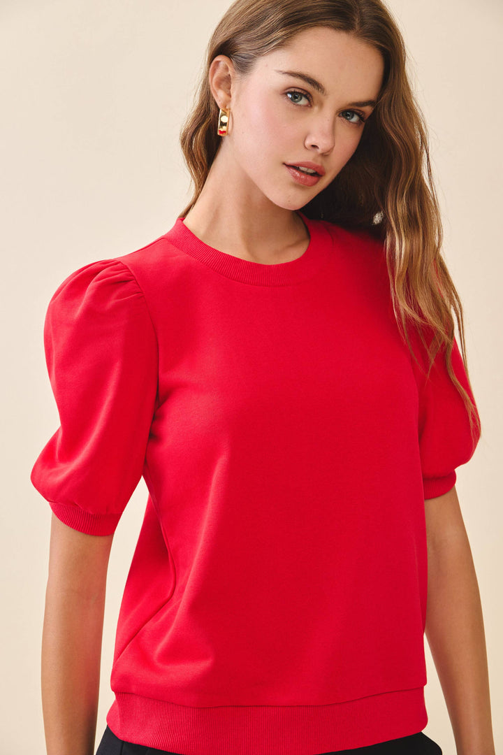 Annelise Crew Neck Short Puff Sleeves Knit Top-  Red