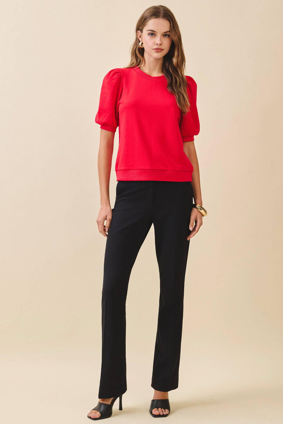 Annelise Crew Neck Short Puff Sleeves Knit Top-  Red