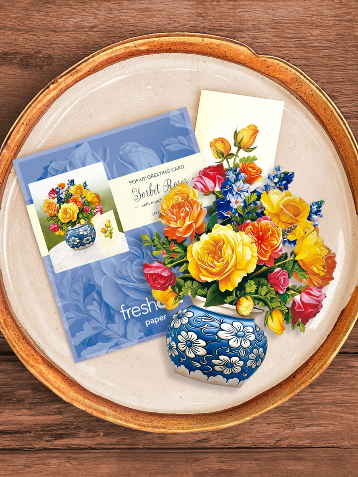 Mini Sorbet Roses Bouquet Pop- up Card - Pine & Moss