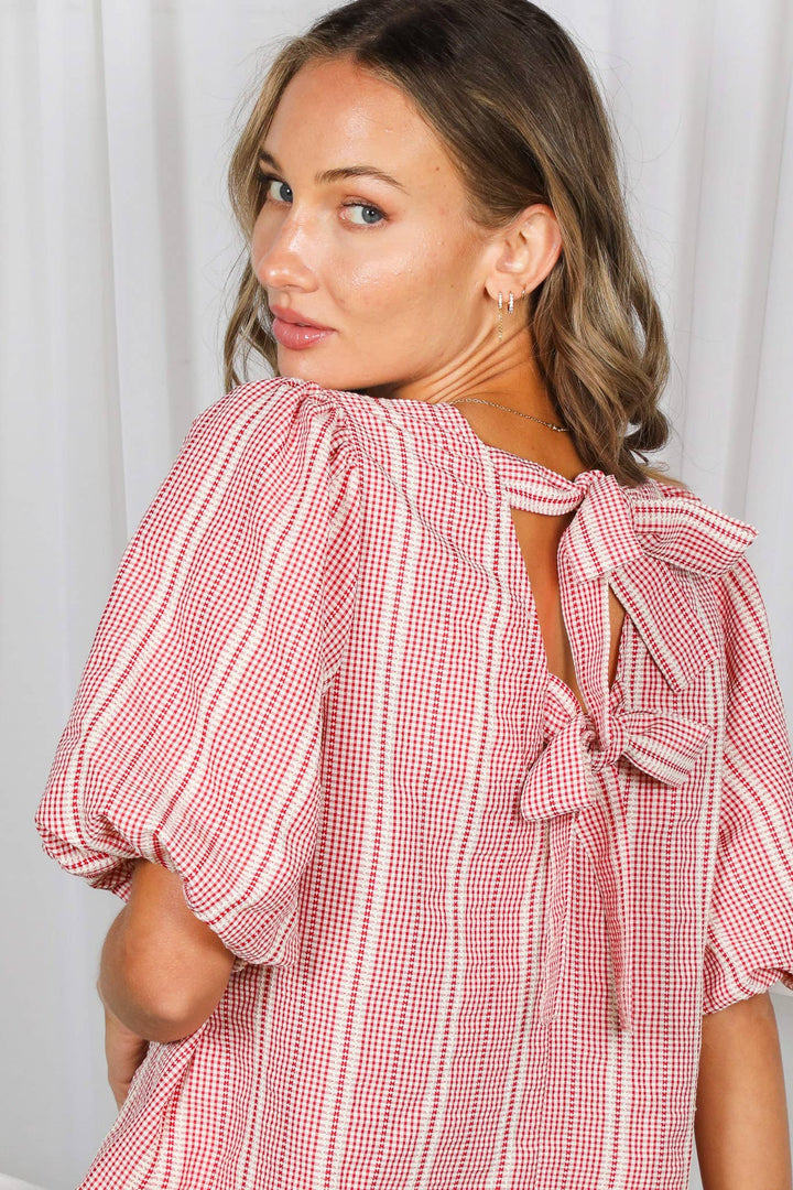 Zara V-Back 2 Bow Accent Feminine Plaid Top- Red - Pine &amp; Moss