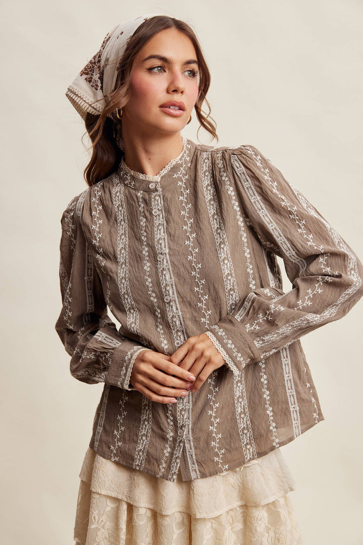 Lillian Embroidered Lace Trim Button-Up Blouse
