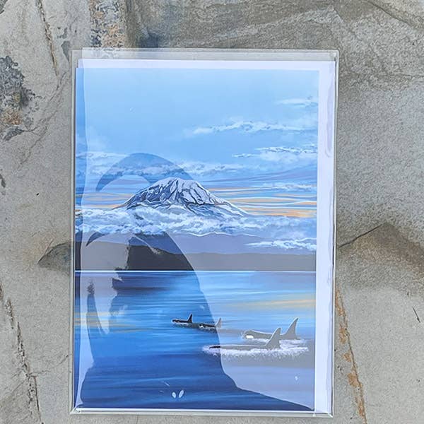 Mount Rainier &  Orca's "On the Hunt" Greeting card