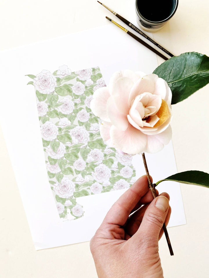 Alabama State Flower Map - ART PRINT  : Watercolor / 8" x 10"