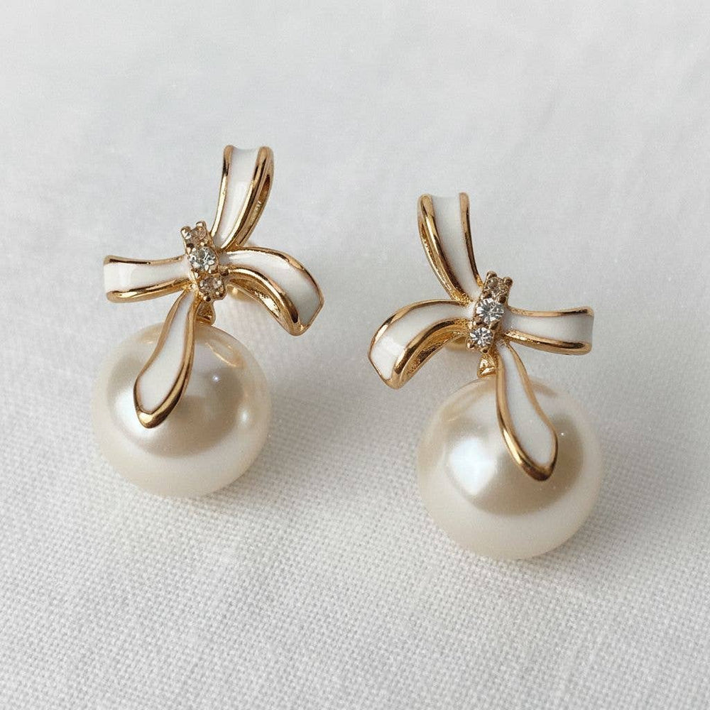 Devotion- Pearl Bowknot Stud Earrings with French Elegance - Pine & Moss