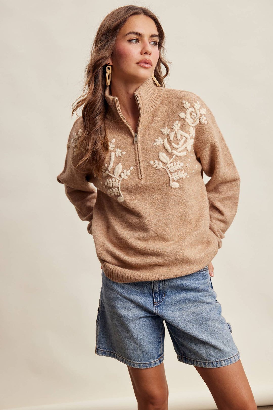 Kristi Floral Embroidered Quarter-Zip Sweater