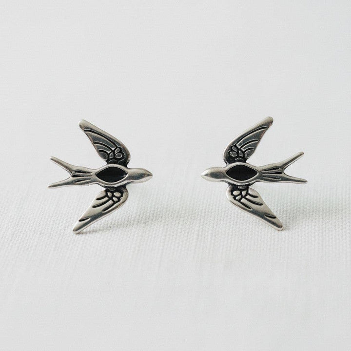 Flying High- Artistic Black Zirconia Bird Stud Earrings - Pine &amp; Moss