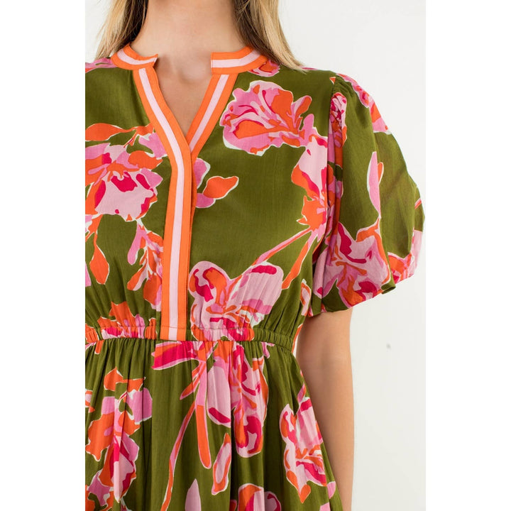 Adelaide- Puff Sleeve Floral Midi Dress - Pine & Moss