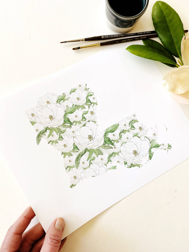 Louisiana State Flower Map - ART PRINT : Watercolor / 8" x 10"
