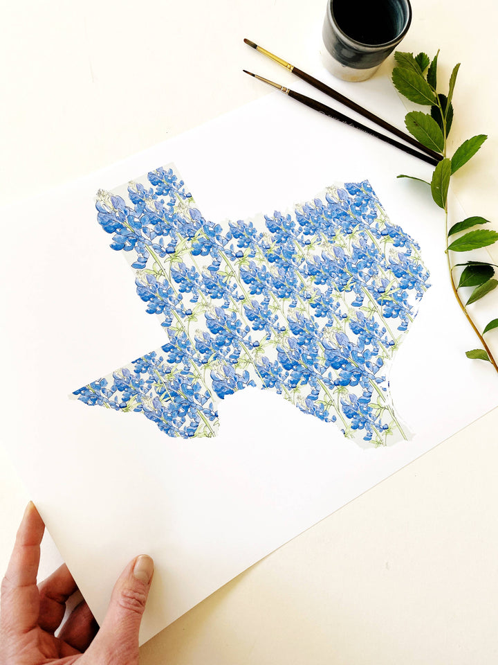 Texas State Flower Map - ART PRINT: Watercolor / 8" x 10"