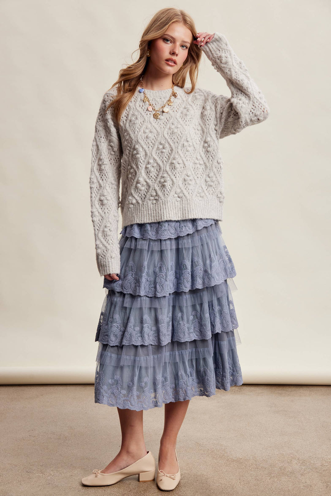 Jodi Bobble Pointelle Knit Sweater