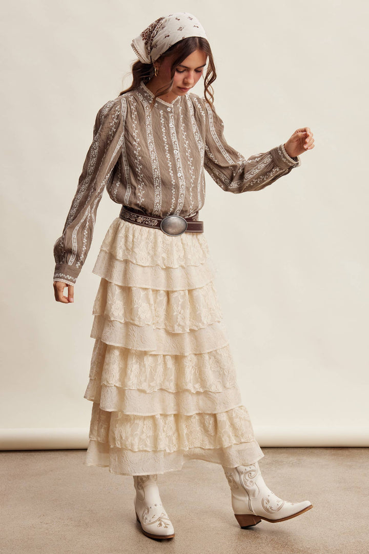 Lillian Embroidered Lace Trim Button-Up Blouse