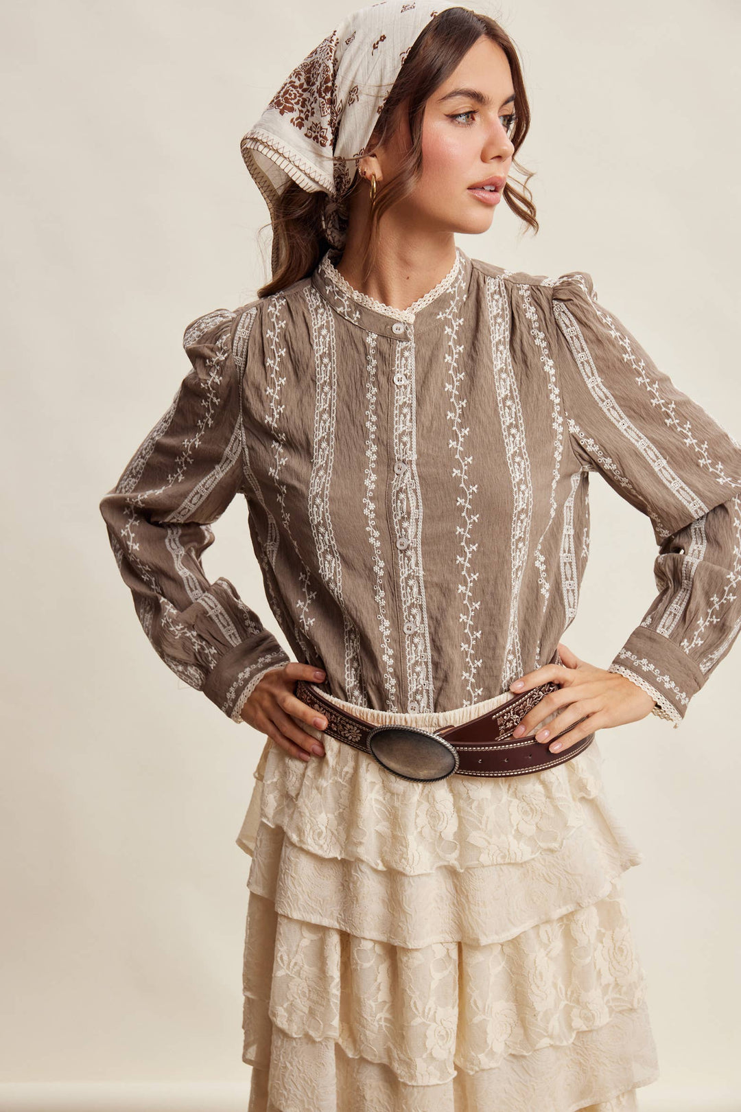 Lillian Embroidered Lace Trim Button-Up Blouse