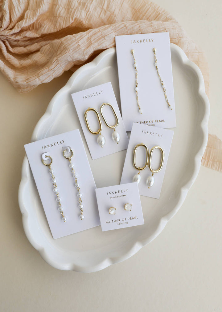 Oval Pearl Drop Earrings - Pine & Moss