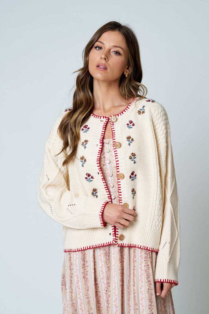 RILEY FLORAL EMBROIDERY CONTRAST STITCH KNIT CARDIGAN