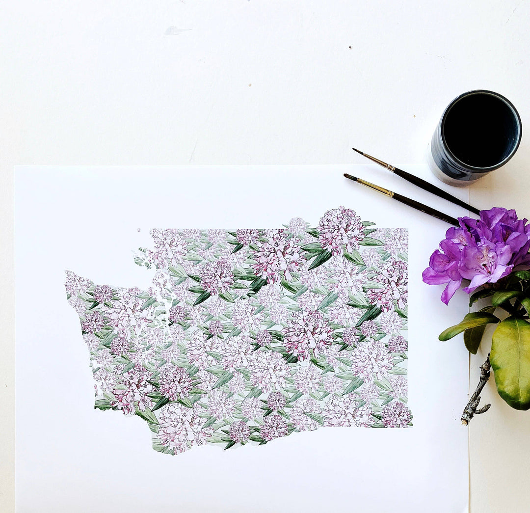 Washington State Flower Map - ART PRINT : Watercolor / 8" x 10"