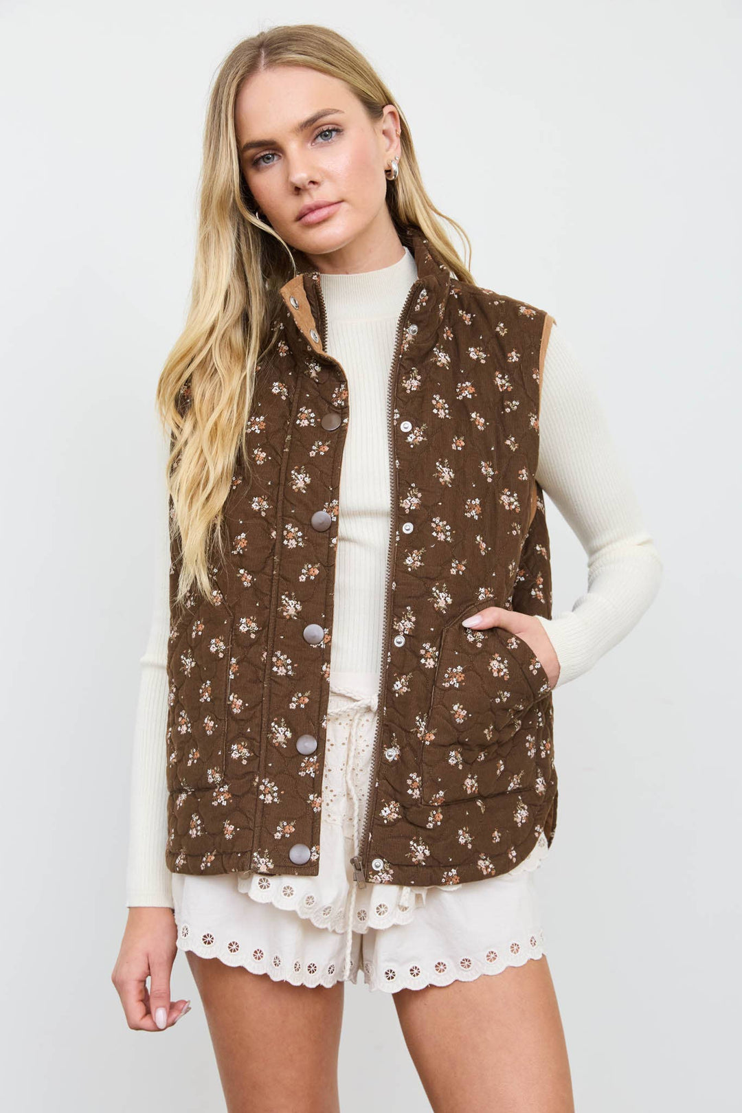Morgan FLORAL QUILTED ZIP-FRONT MOCK NECK VEST