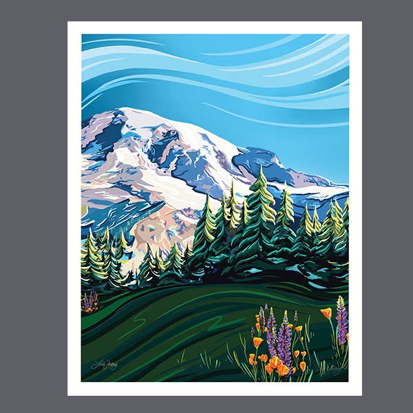 Mount Rainier & Wildflowers Art Print - National Park: 5x7