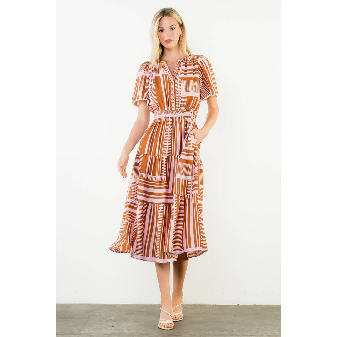 Maribel- Short Sleeve Pattern Smocked Midi Dress - Pine & Moss