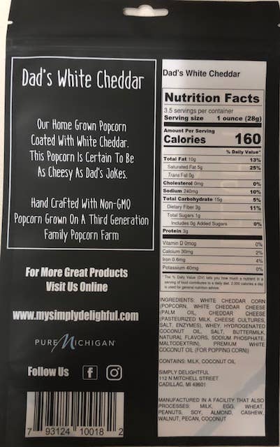 Simply Delightful Popcorn-Dad's White Cheddar 3 oz.