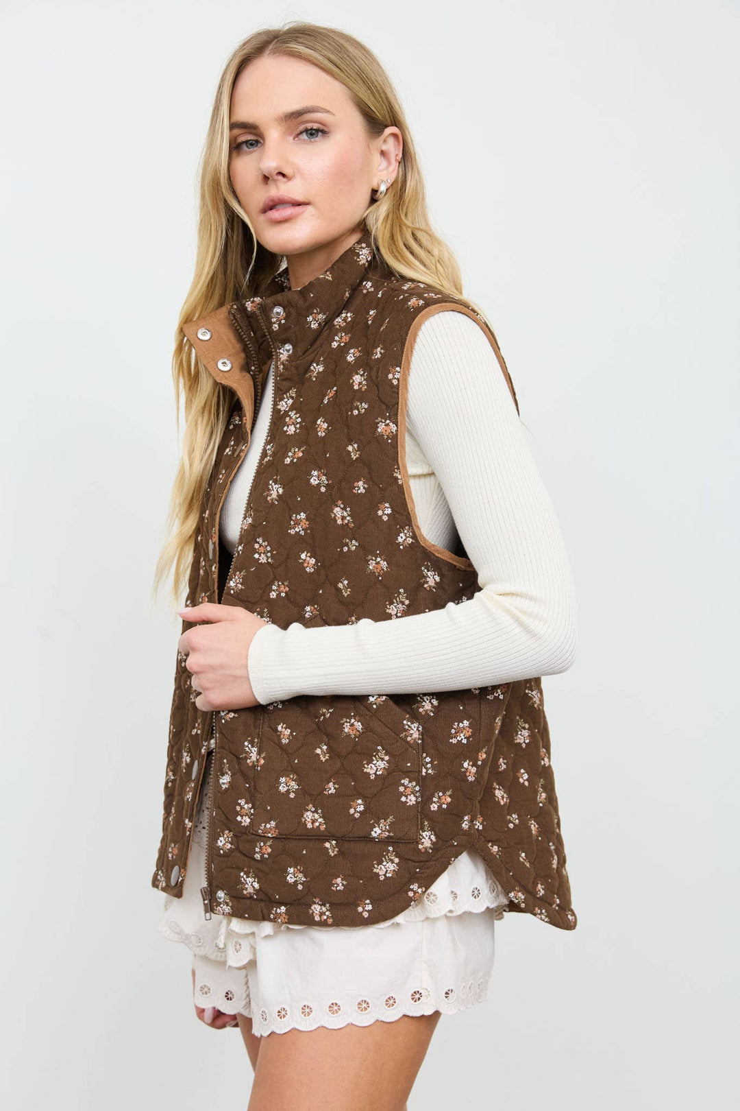 Morgan FLORAL QUILTED ZIP-FRONT MOCK NECK VEST