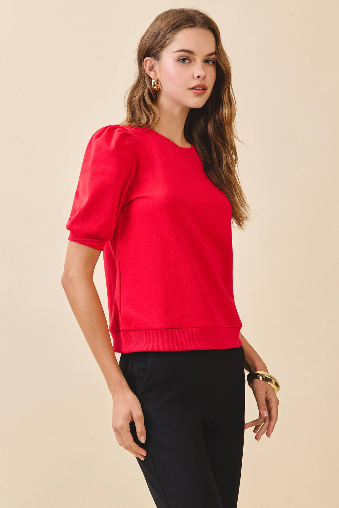 Annelise Crew Neck Short Puff Sleeves Knit Top-  Red