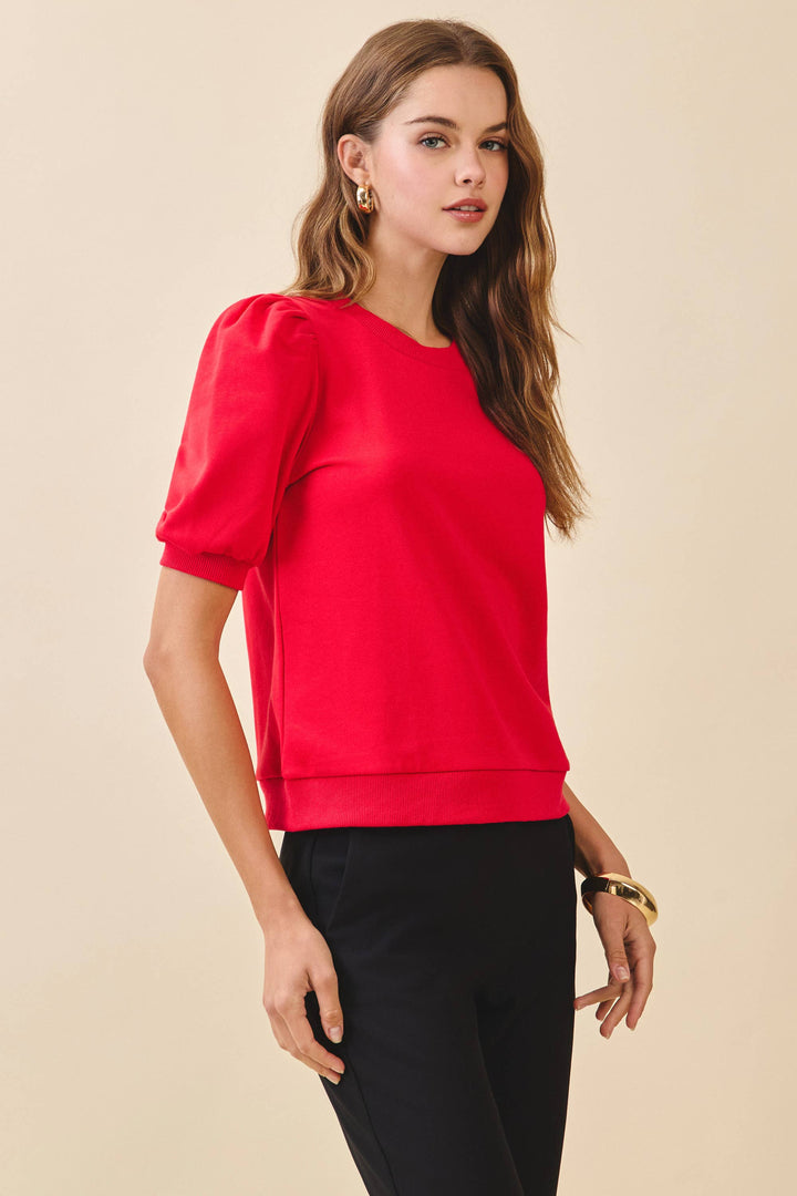 Annelise Crew Neck Short Puff Sleeves Knit Top-  Red