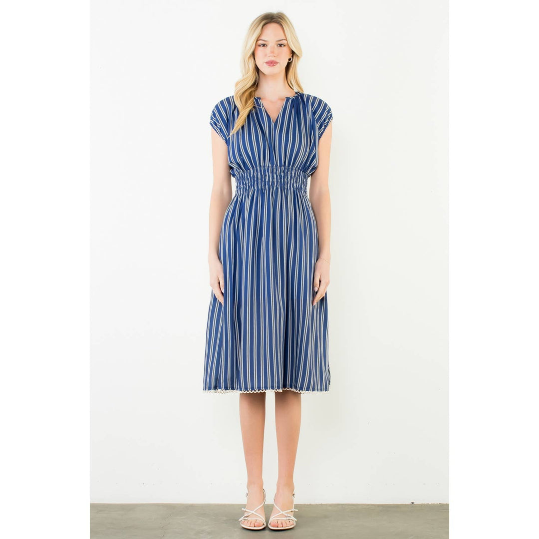 Lillian- Striped Smocked Waist Short Sleeve Dress - Pine & Moss