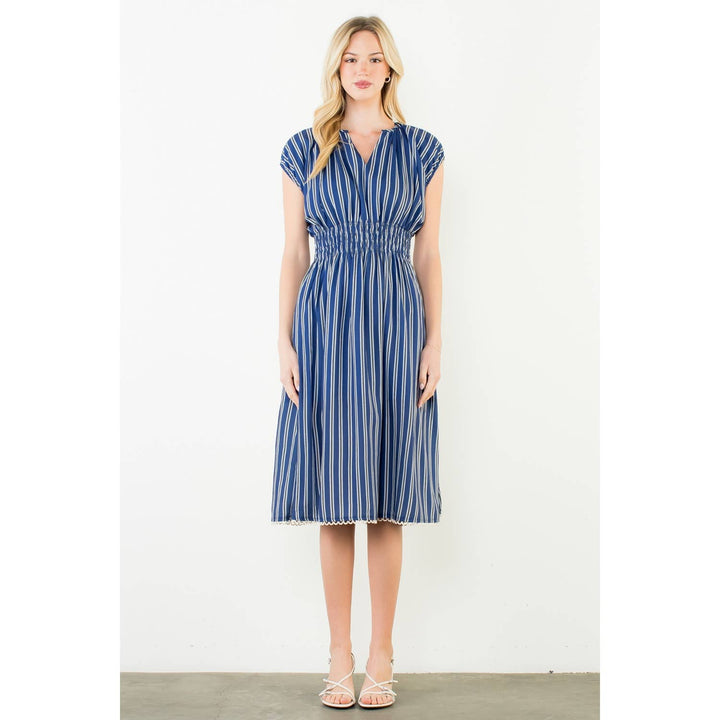 Lillian- Striped Smocked Waist Short Sleeve Dress - Pine & Moss