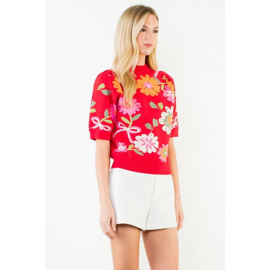 Elodie- Short Sleeve Floral Detail Knit Top - Pine & Moss