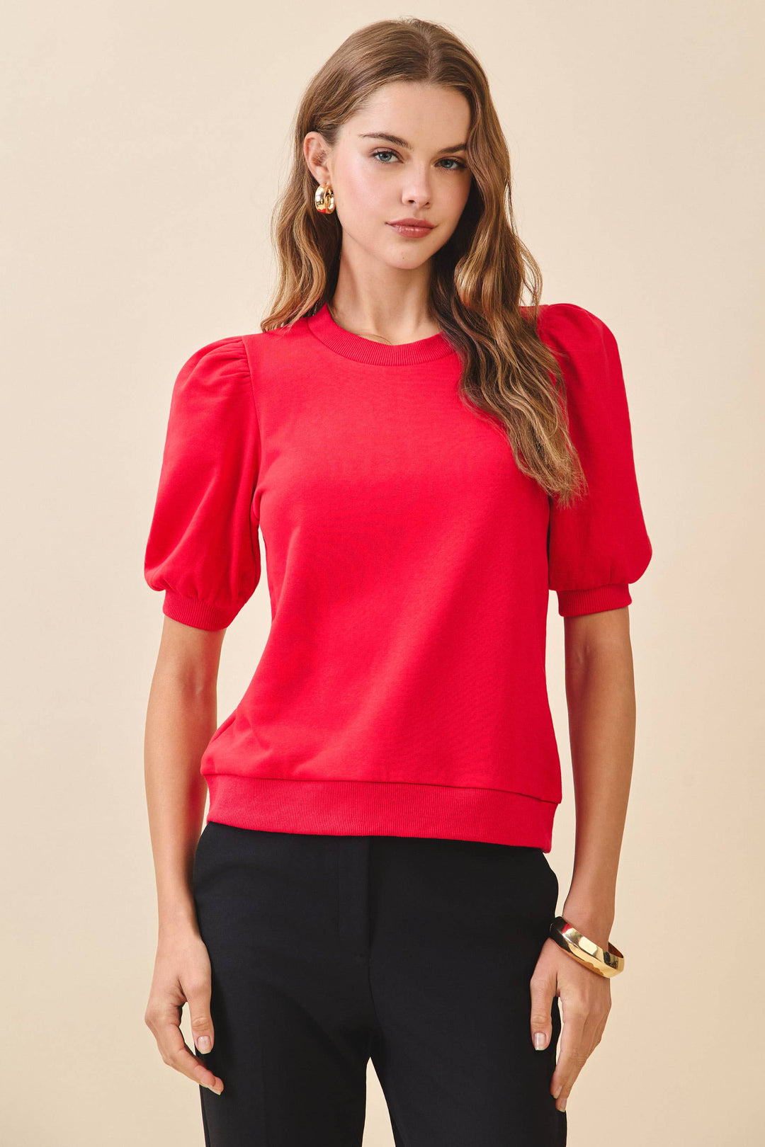 Annelise Crew Neck Short Puff Sleeves Knit Top-  Red