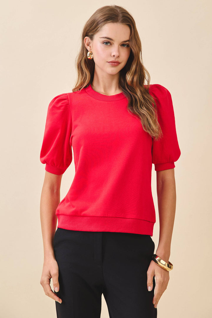 Annelise Crew Neck Short Puff Sleeves Knit Top-  Red
