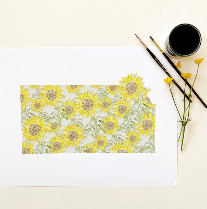 Kansas State Flower Map - ART PRINT  : Watercolor / 8" x 10"