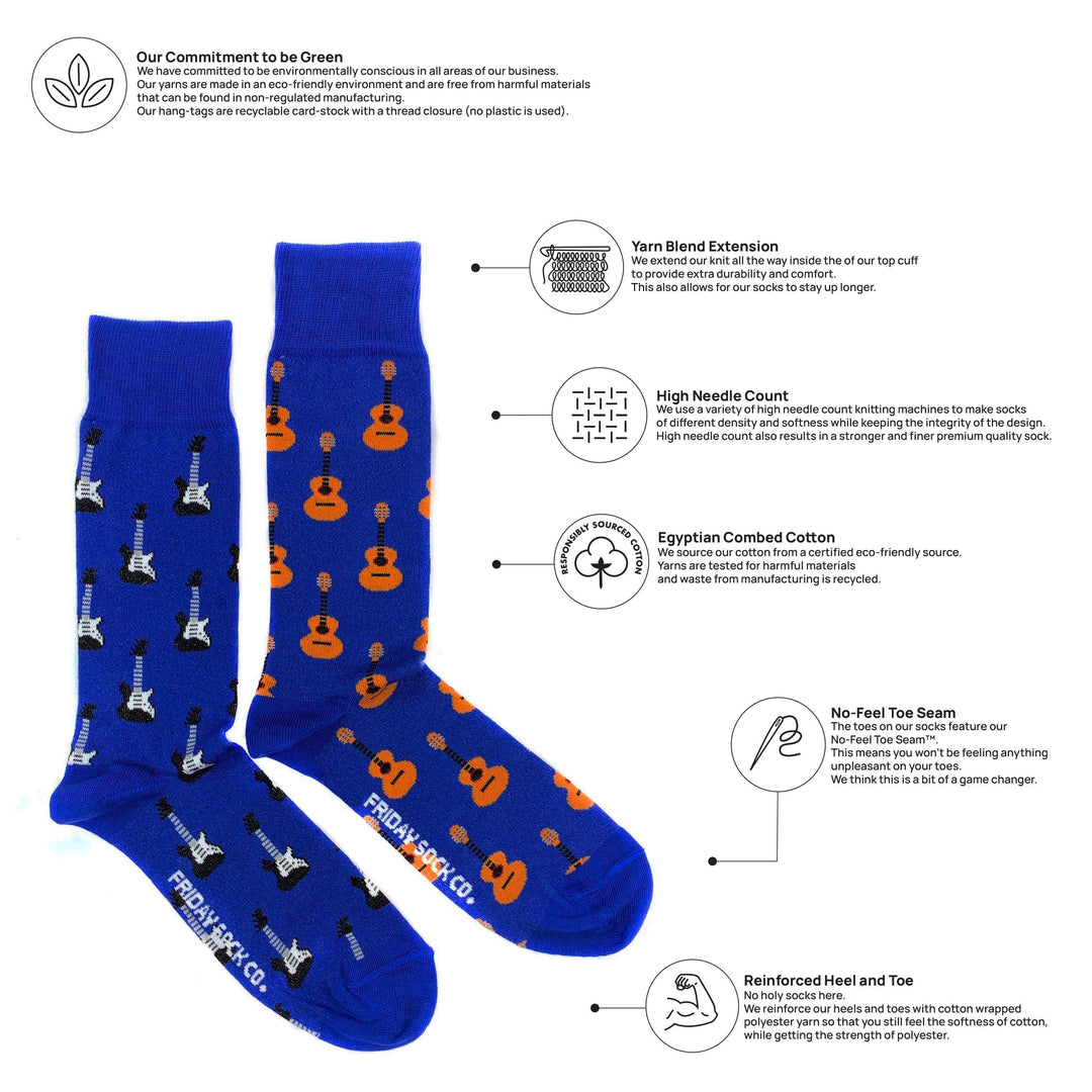 Men's Acoustic Guitar & Electric Guitar Mismatched Socks: Men's 7-12 US/CAN