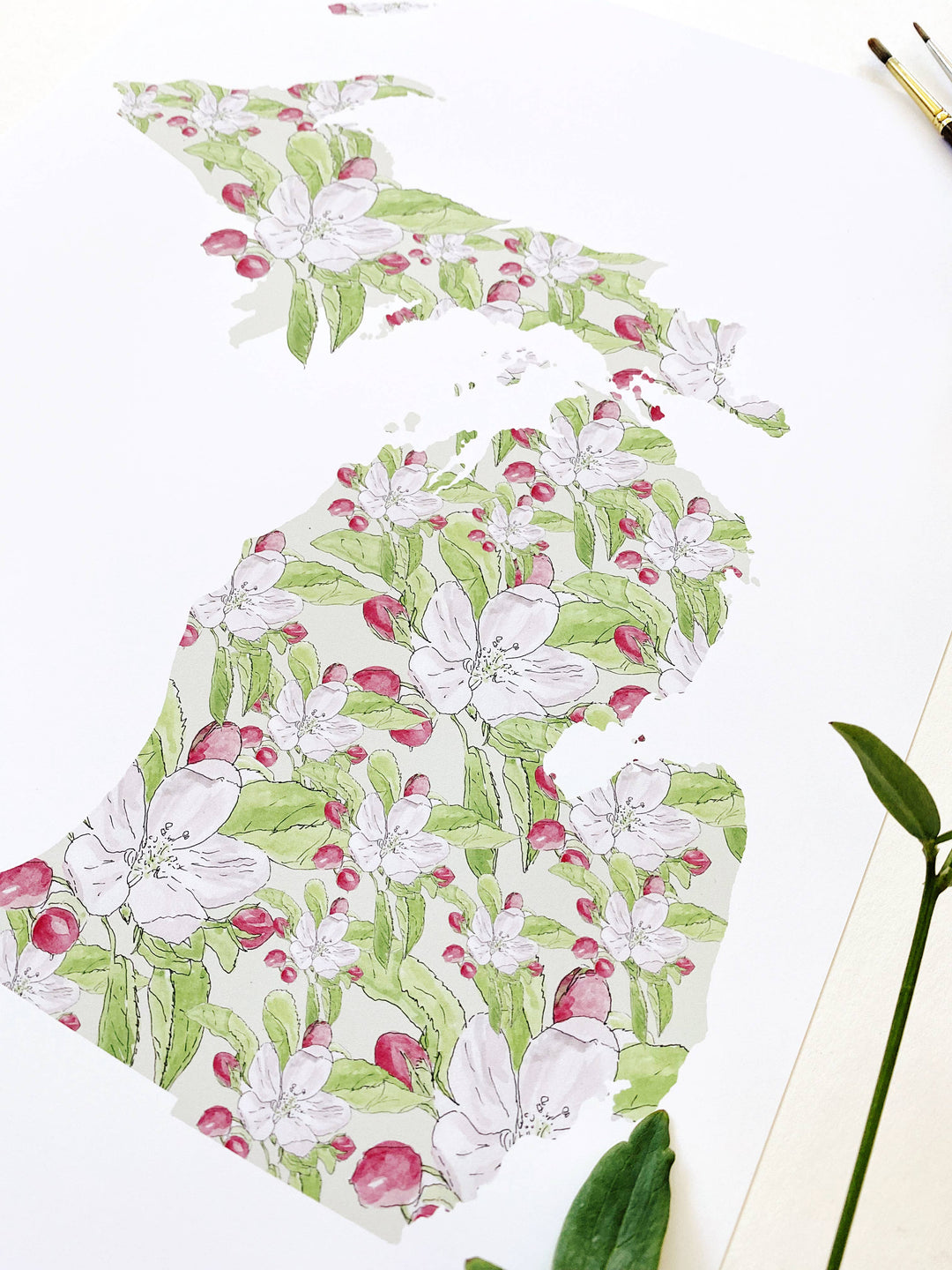 Michigan State Flower Map - ART PRINT : Watercolor / 8" x 10"