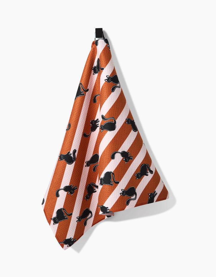 Geometry Striped Black Cats Orange Tea Towel
