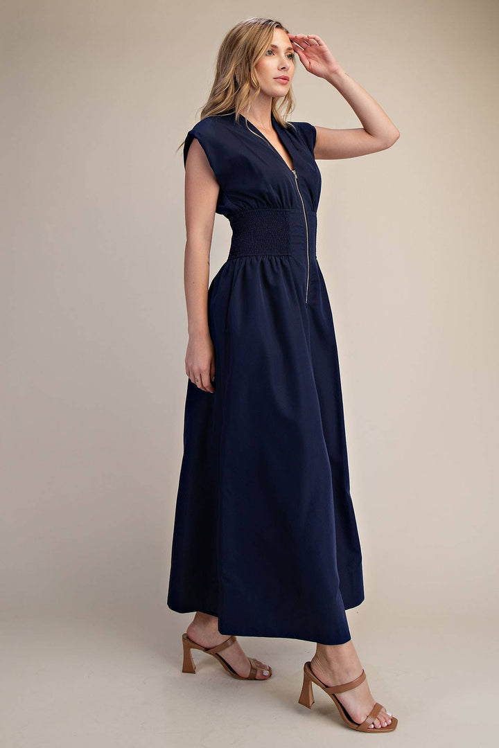 Georgina Cap-Sleeve Smocked Front-Zip Jumpsuit- Navy