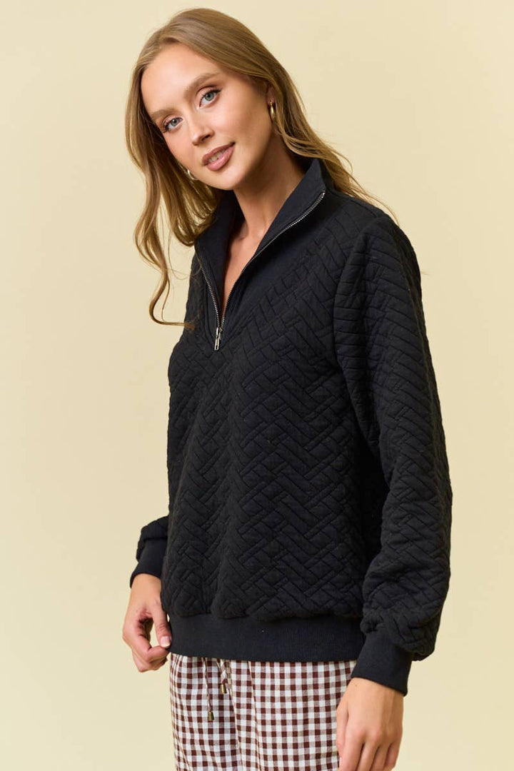 Bailey Quilted Half Zip Top- Black
